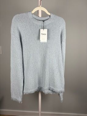 Theory Light Blue Textured Fringe-Trim Sweater - NWT Size M